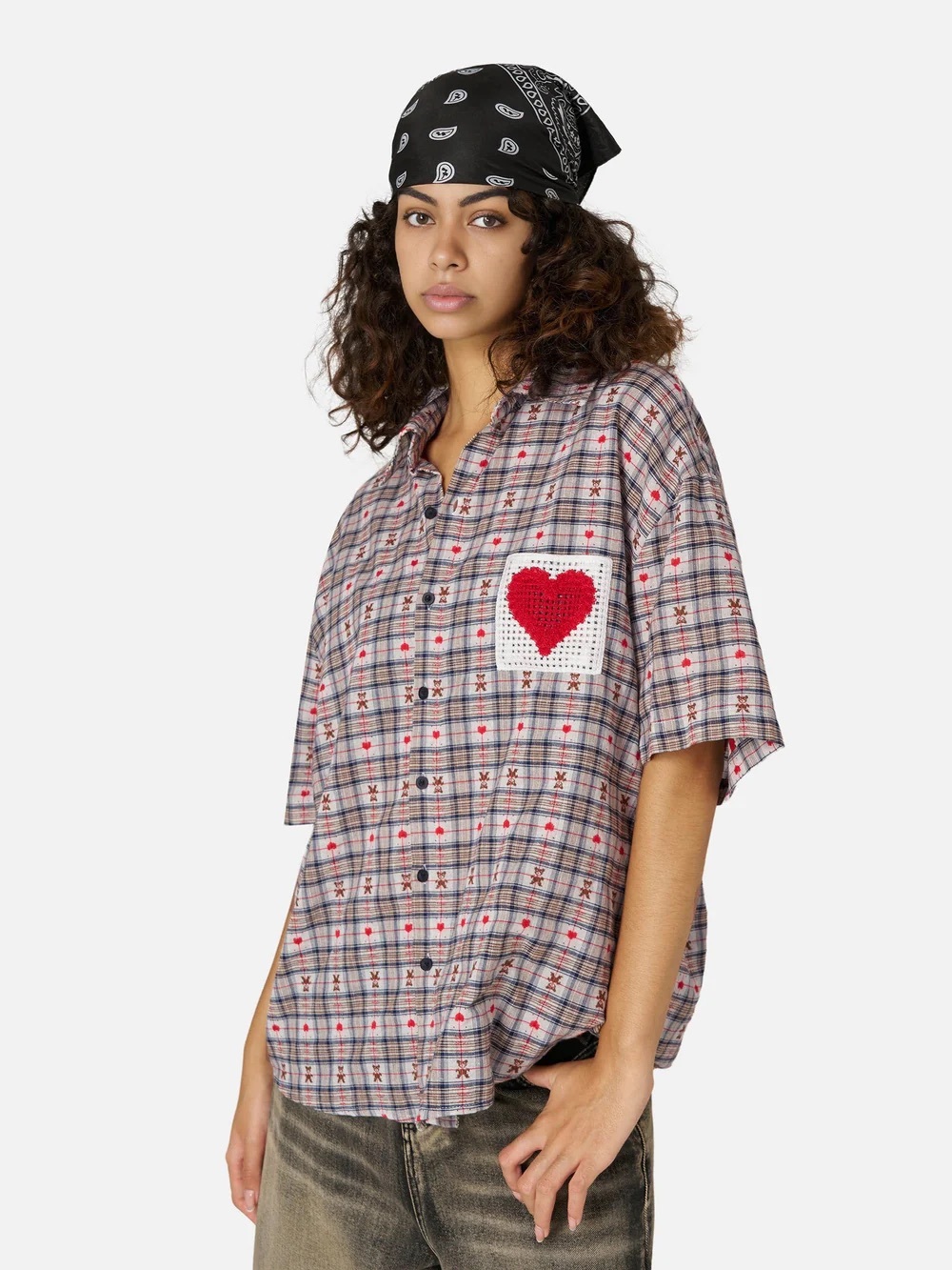 Aelfric Eden Crochet Heart Pocket Plaid Shirt- Oversized Teddy Bear Cottagecore